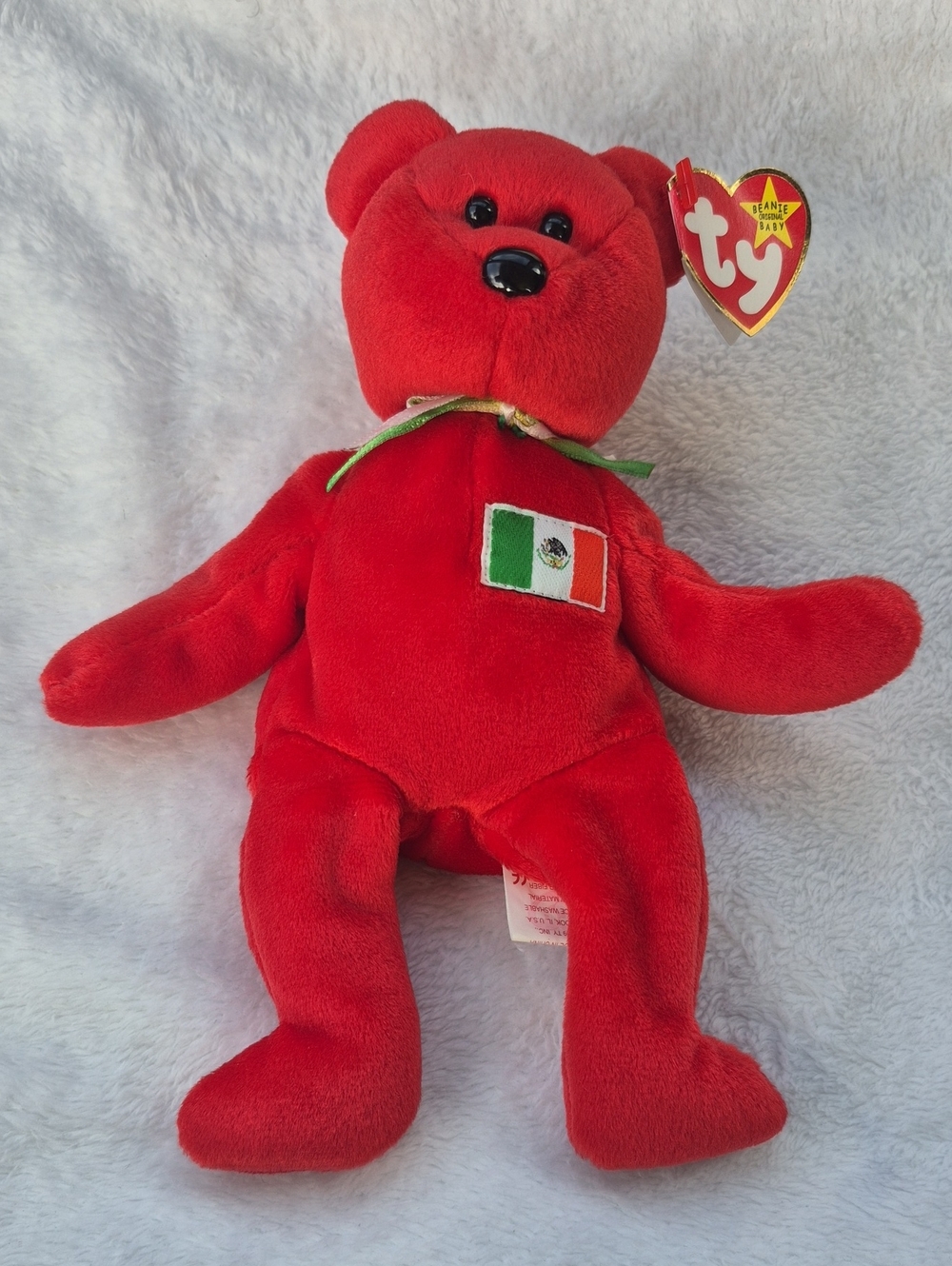 Ty Red Plush Bear with Mexican Flag Patch and Heart Tag